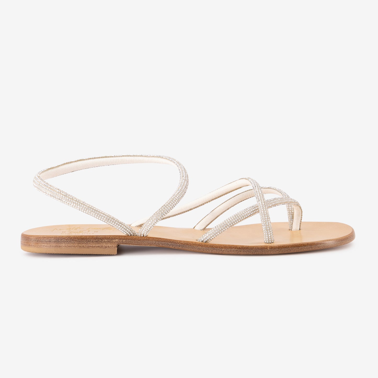 Amalafi Sandal "Sirena" | Color Silver| Italian Leather Sandal |Handmade in Italy| The rhinestone-adorned upper sole adds a touch of glamour to the sandal, making it perfect for dressing up any outfit. The breathable insole, made of real leather, ensures maximum comfort for your feet, while the hand-stitched Italian leather uppers of first choice provide strength and durability.